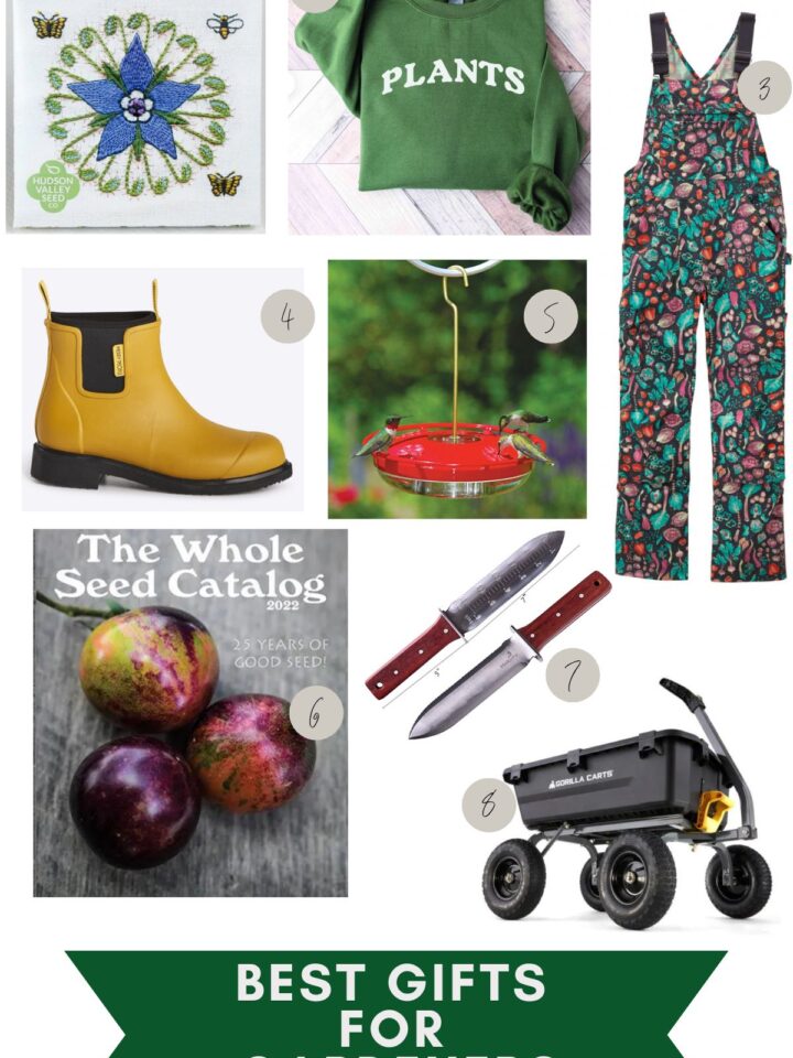 Collage of gardening gift ideas, including borage seed packets, a green 'plants' sweatshirt, colorful vegetable-themed overalls, yellow waterproof boots, a hummingbird feeder, The Whole Seed Catalog, a hori-hori garden knife, and a utility garden cart, perfect for gardeners of all levels.