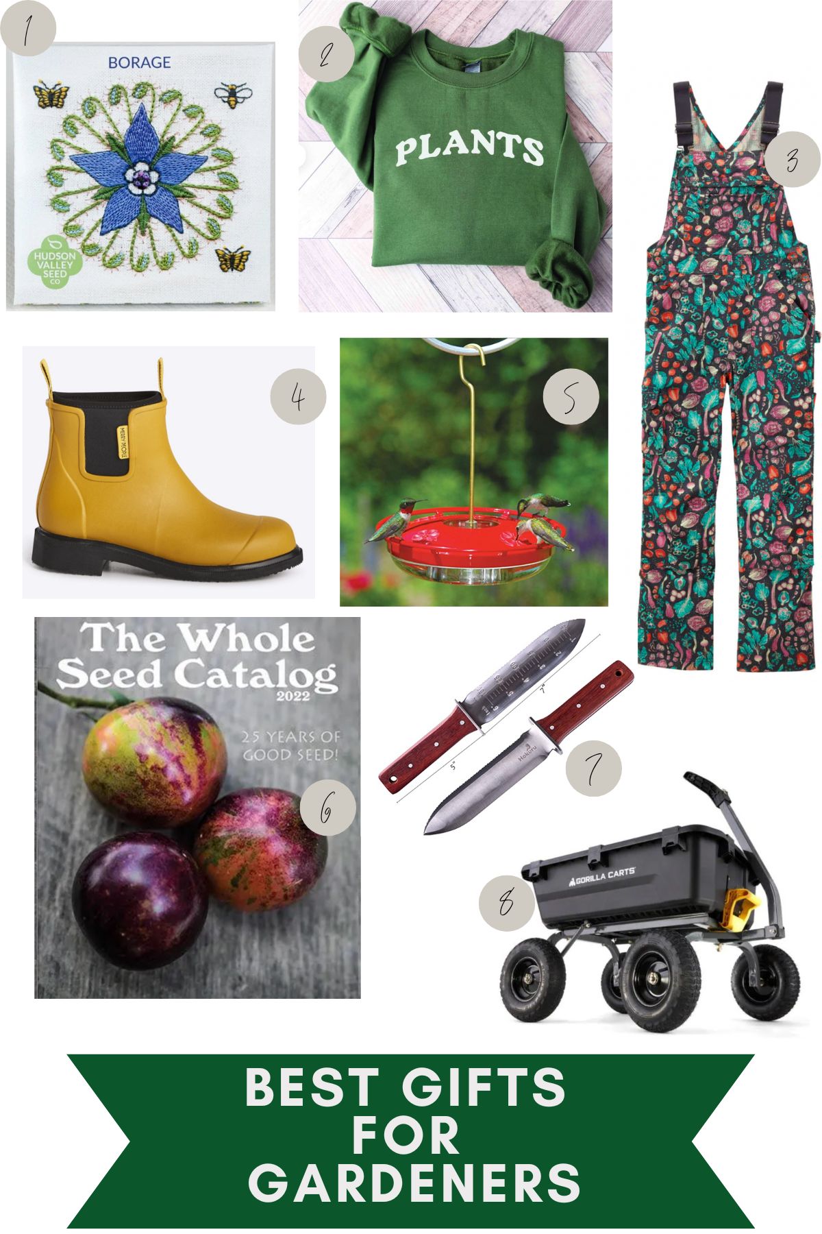 Collage of gardening gift ideas, including borage seed packets, a green 'plants' sweatshirt, colorful vegetable-themed overalls, yellow waterproof boots, a hummingbird feeder, The Whole Seed Catalog, a hori-hori garden knife, and a utility garden cart, perfect for gardeners of all levels.