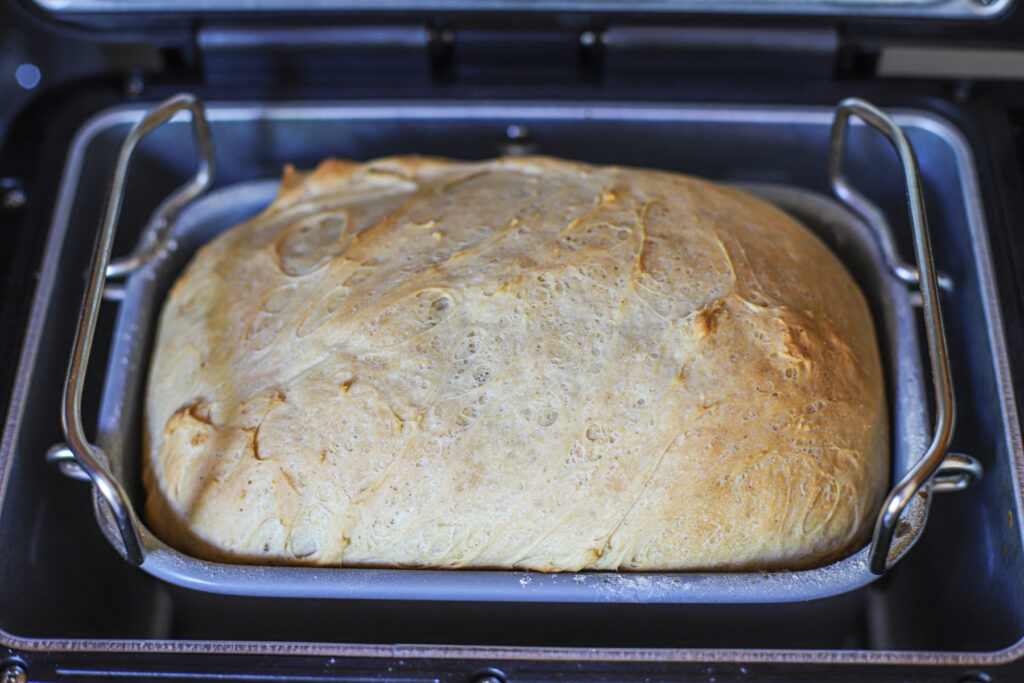 Golden cottage cheese bread baking in a bread machine, showing a soft, airy texture and lightly browned crust.