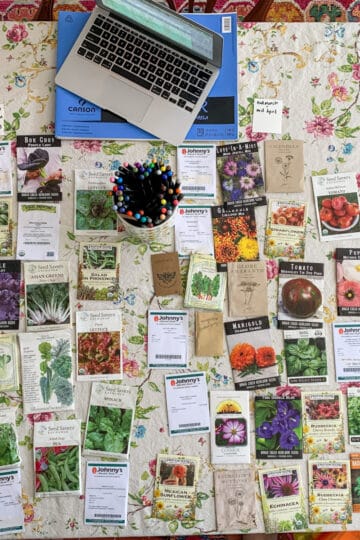 A detailed assortment of seed packets arranged on a floral tablecloth, featuring popular vegetable, herb, and flower seeds from reputable companies like Johnny's Selected Seeds, Seed Savers Exchange, and Baker Creek Heirloom Seeds, alongside a laptop and colorful markers.
