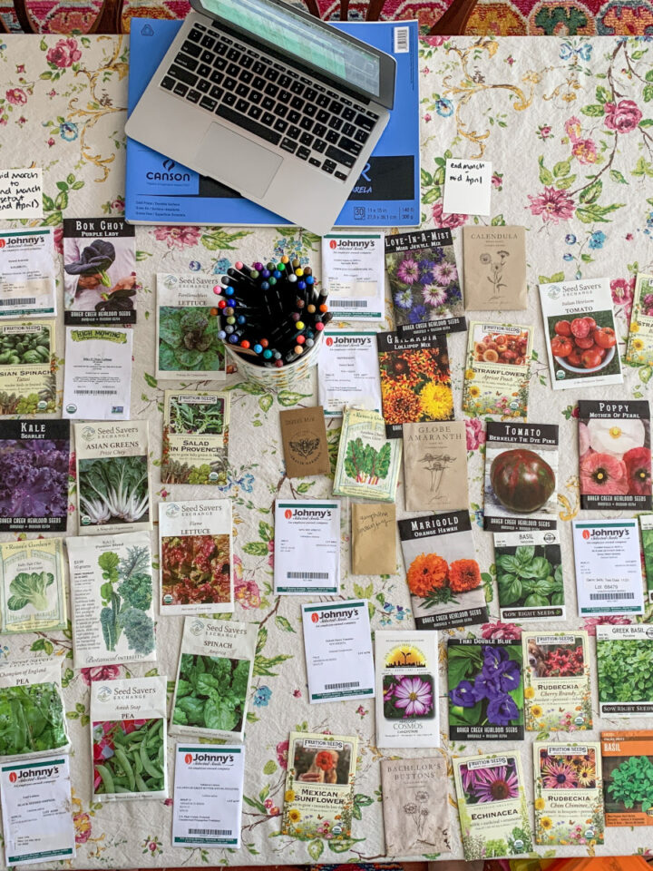 A detailed assortment of seed packets arranged on a floral tablecloth, featuring popular vegetable, herb, and flower seeds from reputable companies like Johnny's Selected Seeds, Seed Savers Exchange, and Baker Creek Heirloom Seeds, alongside a laptop and colorful markers.