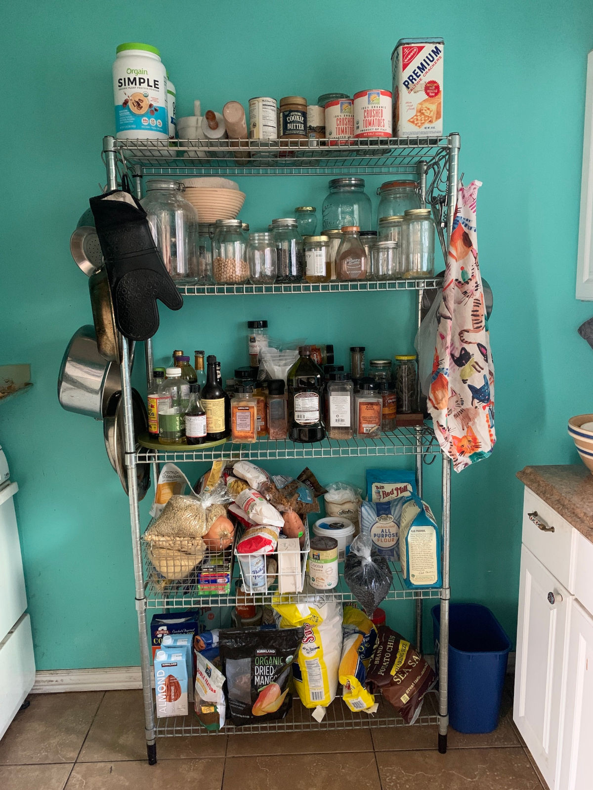 Well-organized kitchen pantry with shelves holding canned goods, spices, baking essentials, grains, oils, and other dry food items, against a teal wall.