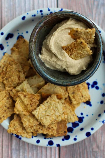 Close-up of crispy sourdough discard crackers on a speckled plate with a rustic bowl of hummus dip topped with crackers.