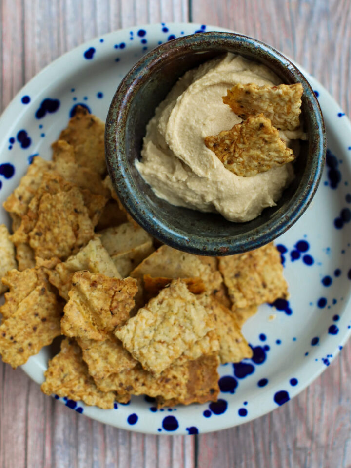 Close-up of crispy sourdough discard crackers on a speckled plate with a rustic bowl of hummus dip topped with crackers.