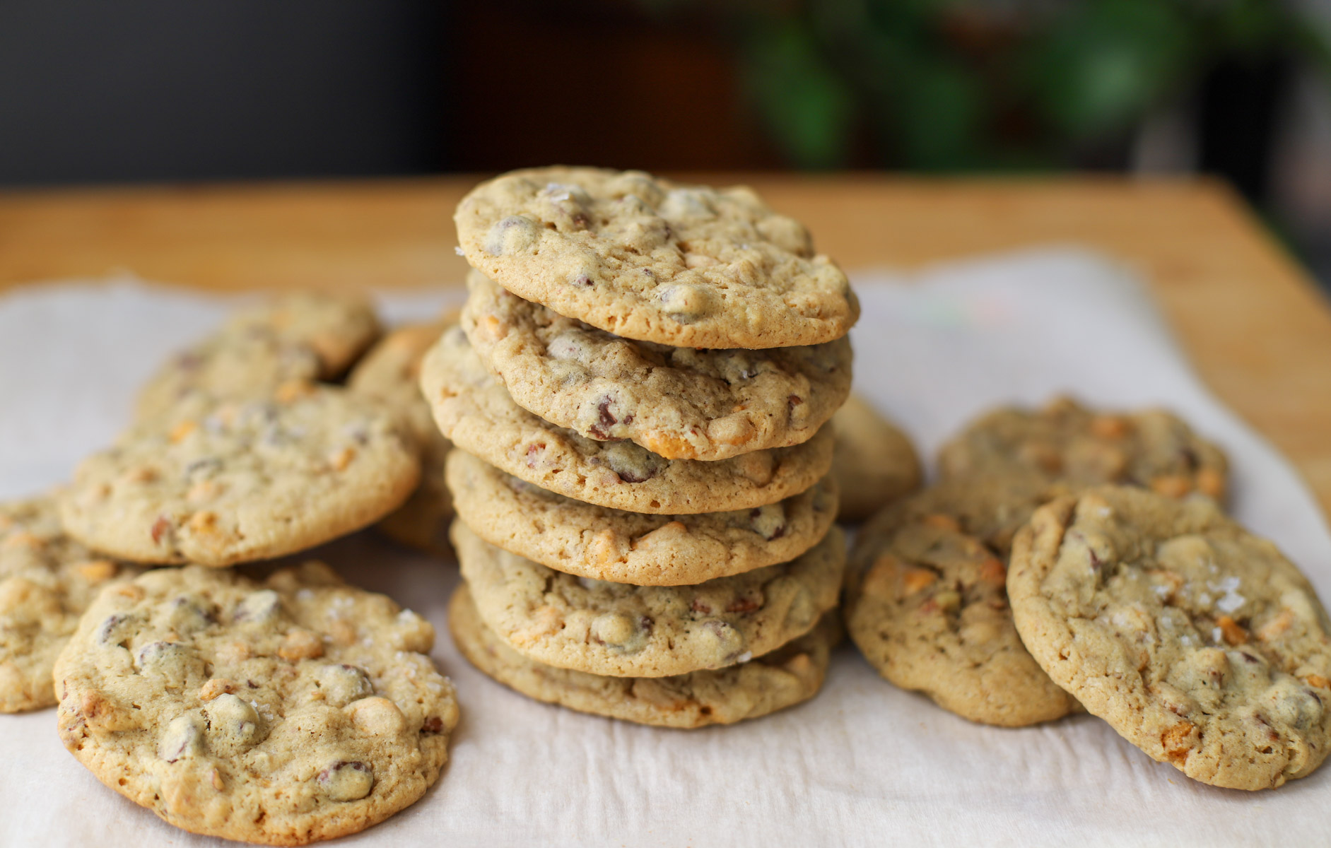 Stack of sourdough chocolate chip cookies with butterscotch chips and toasted pecans, arranged on parchment paper for a delightful dessert.